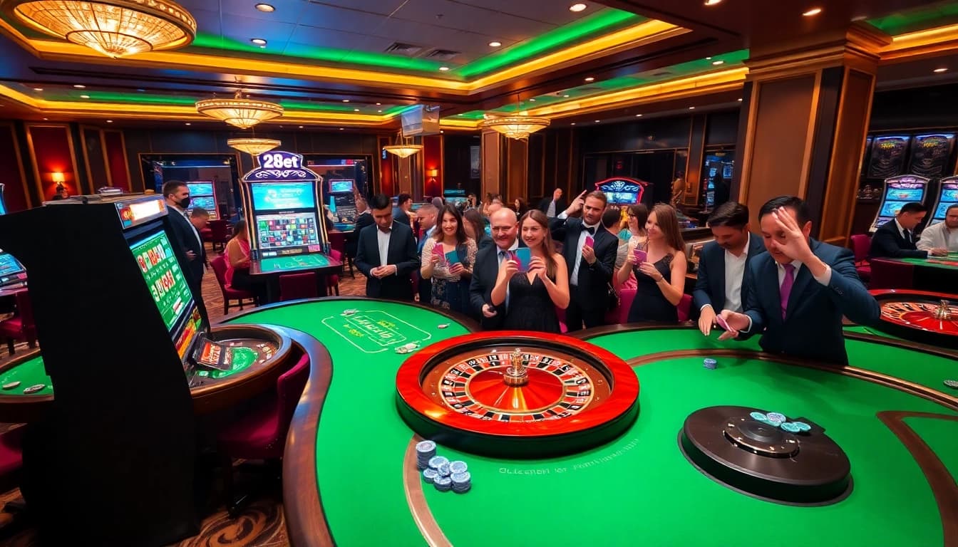 Players enjoying a vibrant casino experience at 28bet with roulette wheels and slot machines.