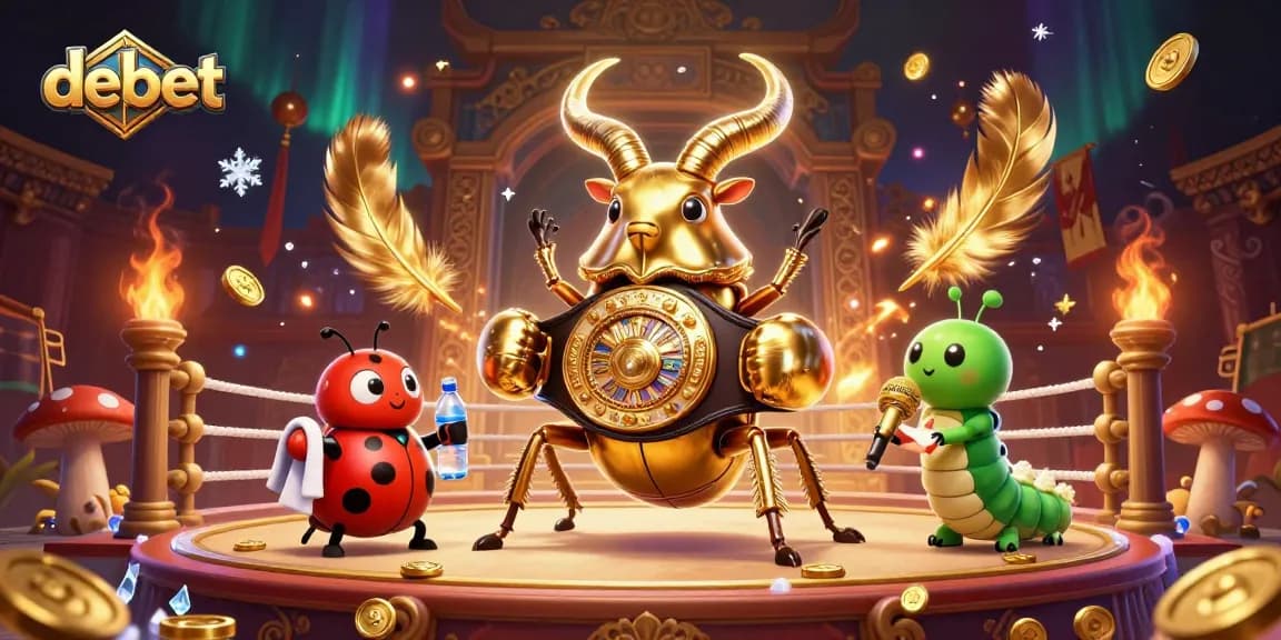 Debet champion boxing beetle displaying jackpot wins amid festive casino atmosphere.