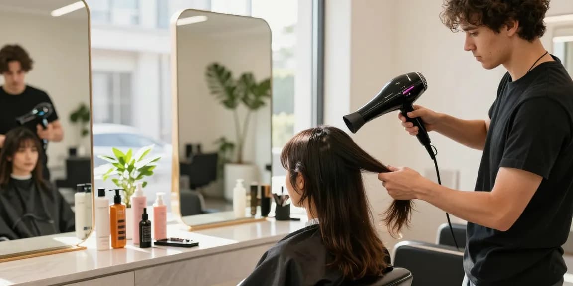 Professionelle Haarstylistin verwendet den Laifen Föhn in einem eleganten Salon.