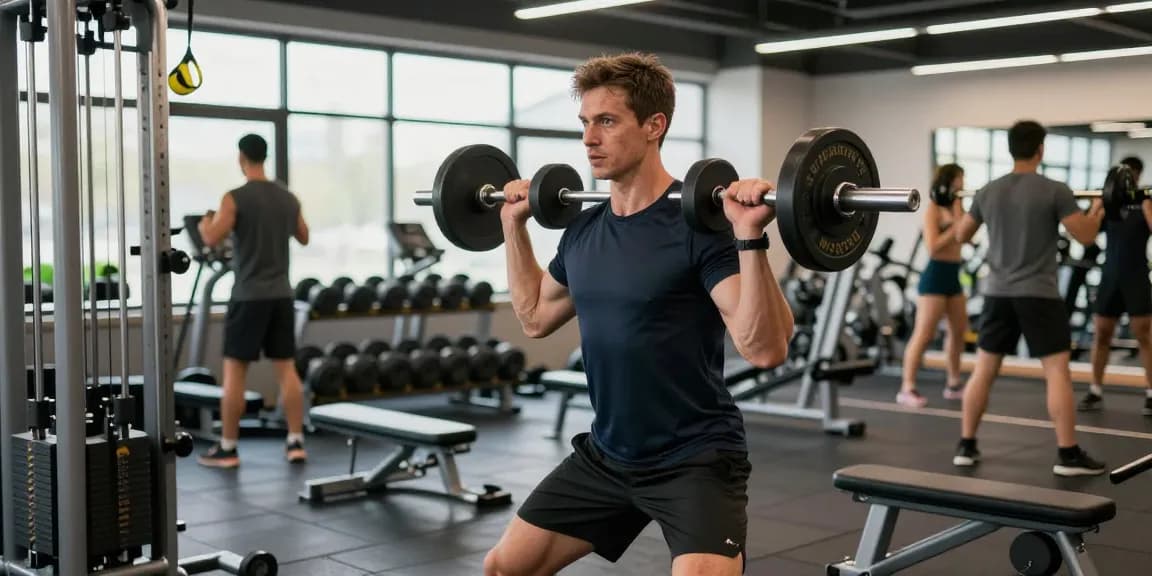Starker Athlet im Selliza Shop Fitnessstudio beim Heben von Gewichten.