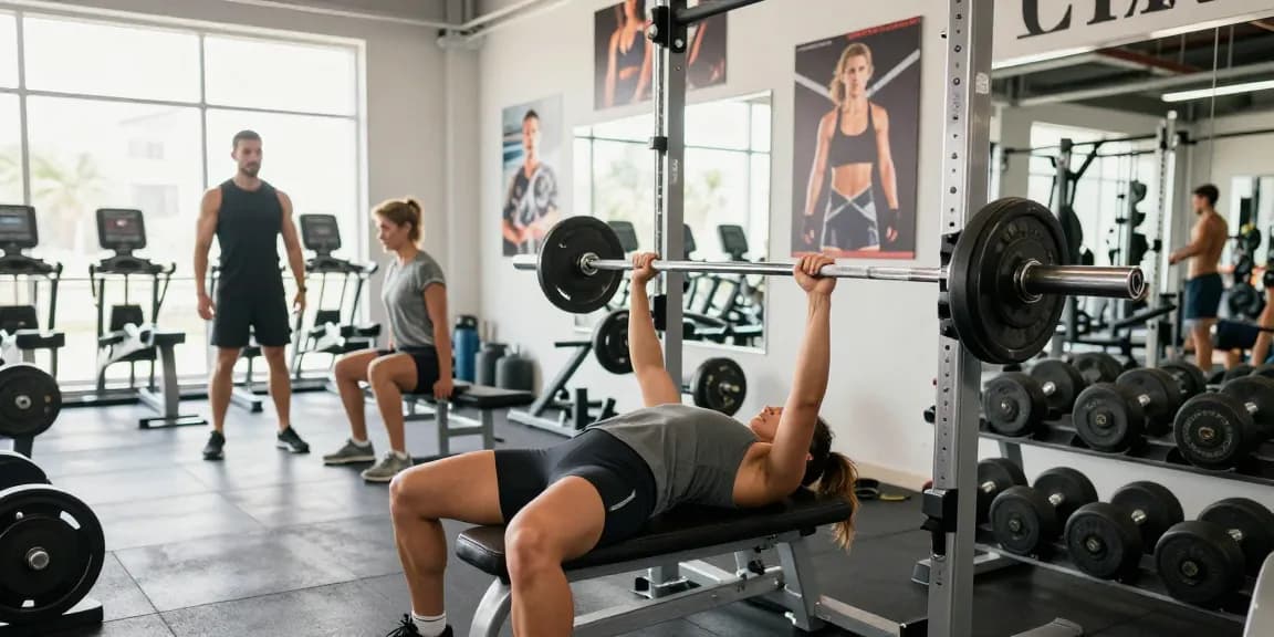 Anabolika Shop Deutschland Fitness-Szene mit einer sportlichen Frau, die Bankdrücken macht, umgeben von Fitnessgeräten und natürlichem Licht.