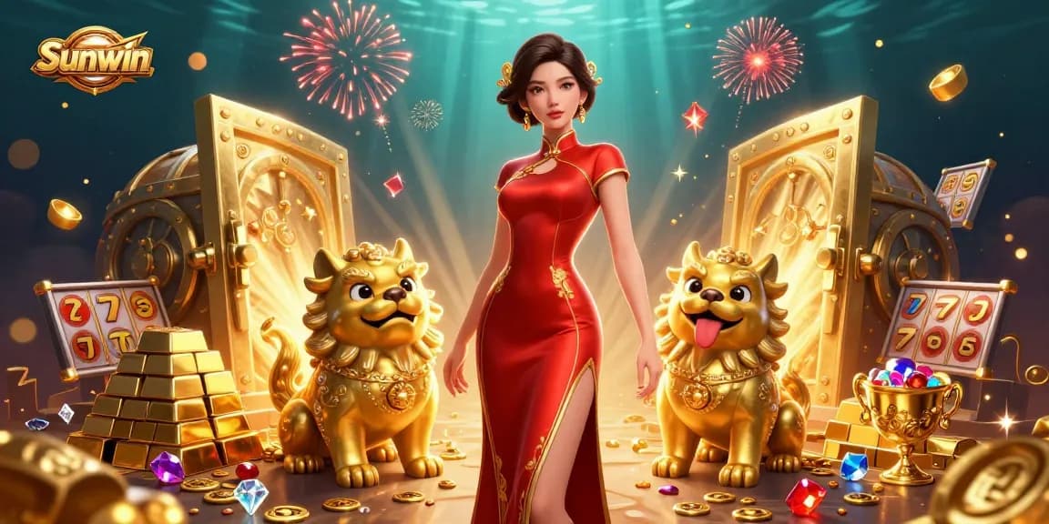 Experience the excitement of Sunwin as glamorous characters celebrate amidst a treasure vault and slot games.