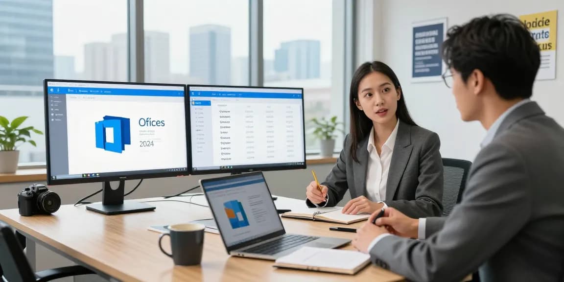 Präsentation von Microsoft Office 2024 ohne Abo als Dauerlizenz sichern in einem modernen Büro mit Kollegen.