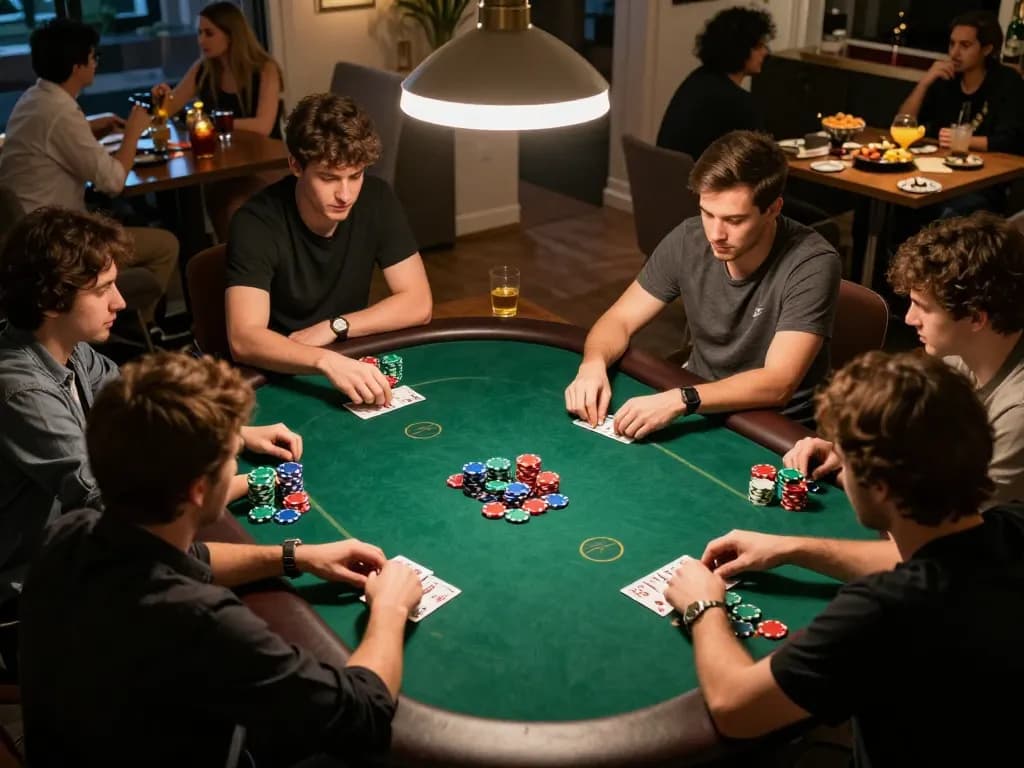 GO88 players strategizing their bets in an engaging home poker night, with vibrant chips and a warm social atmosphere.