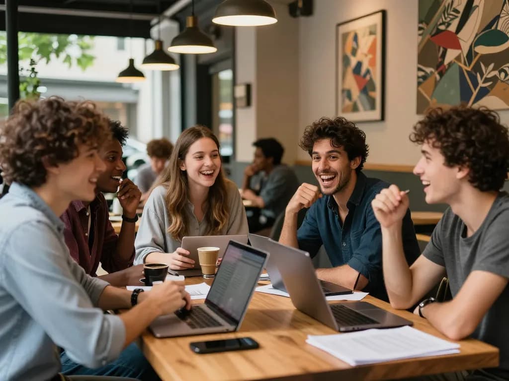 Group discussion on innovative ideas in a cafe, highlighting the social aspect of technology and creativity for ia +18.