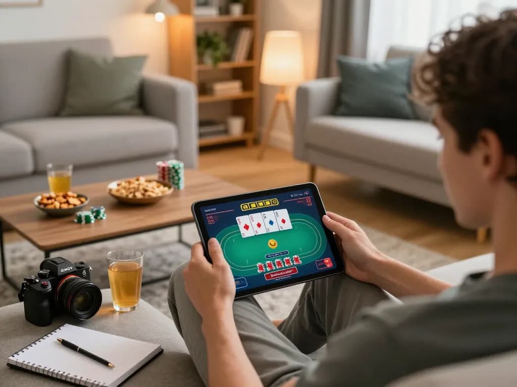 Engaging gameplay on a tablet showcases AUD77 poker interface in a cozy living room.