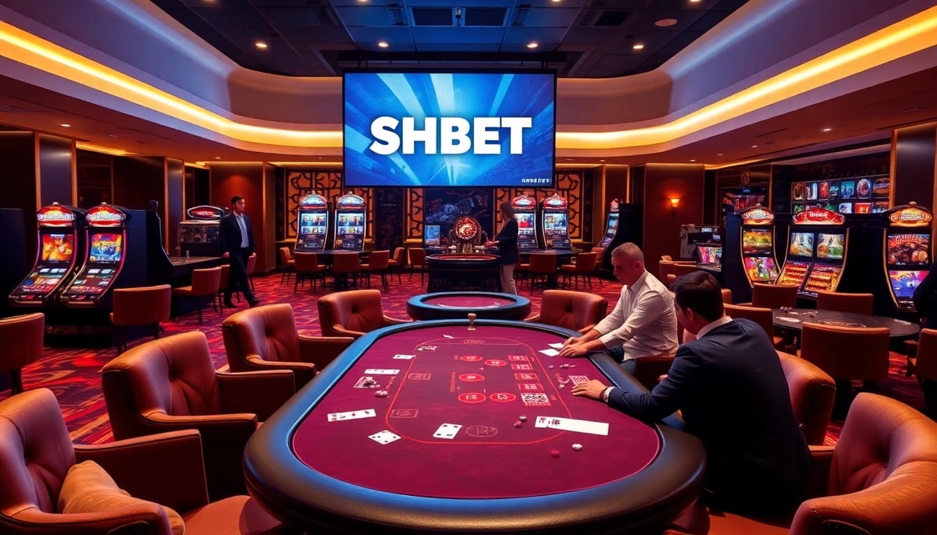 Experience thrilling SHBET gaming at a luxurious casino with vibrant slot machines and poker tables.