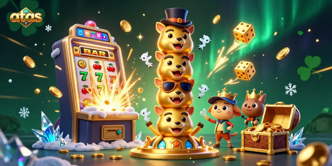 Experience thrilling gaming at atas casino with a vibrant 3D illustration featuring a golden totem, slot machine, and exciting casino elements.