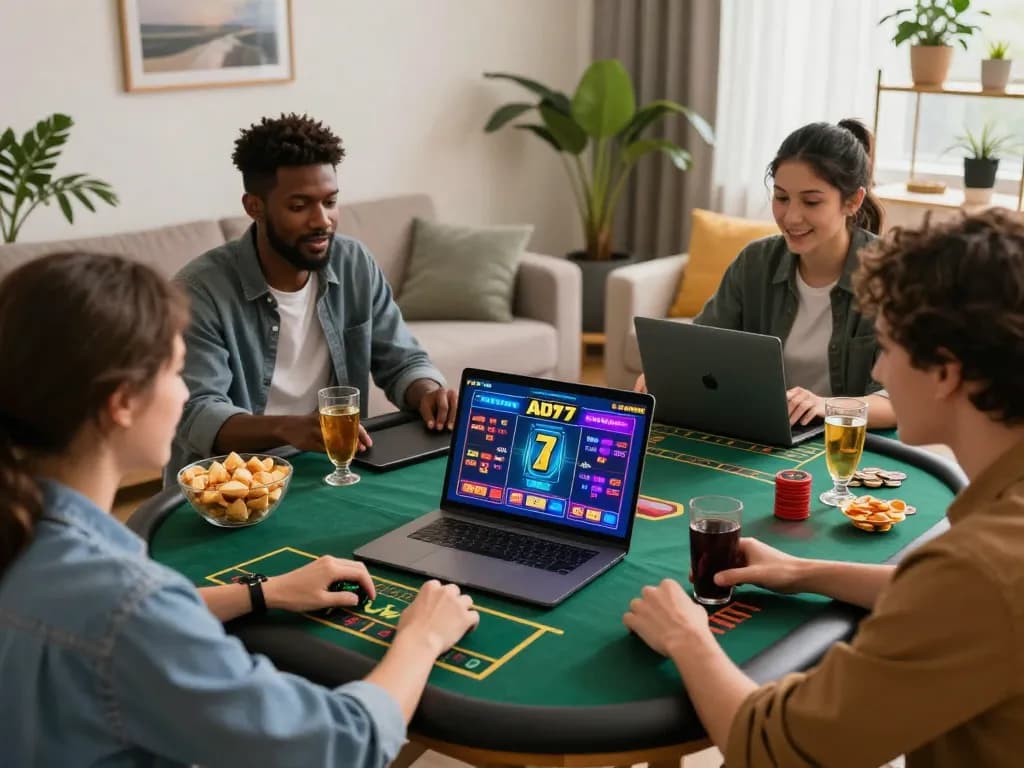 Friends enjoying online gambling on aud77, vibrant gaming atmosphere.