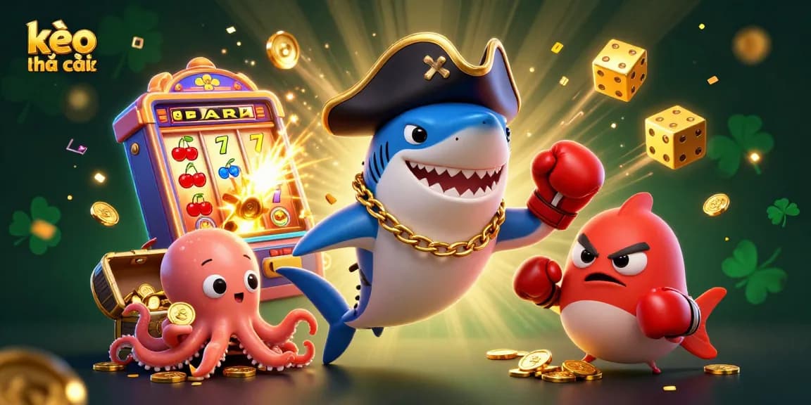 Engage with kèo nhà cái through a vibrant scene with a pirate shark, pufferfish, and octopus amid casino elements.