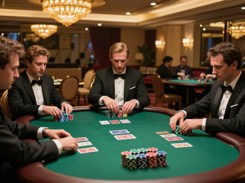 Bsport players strategizing at an upscale poker table with vibrant chips.
