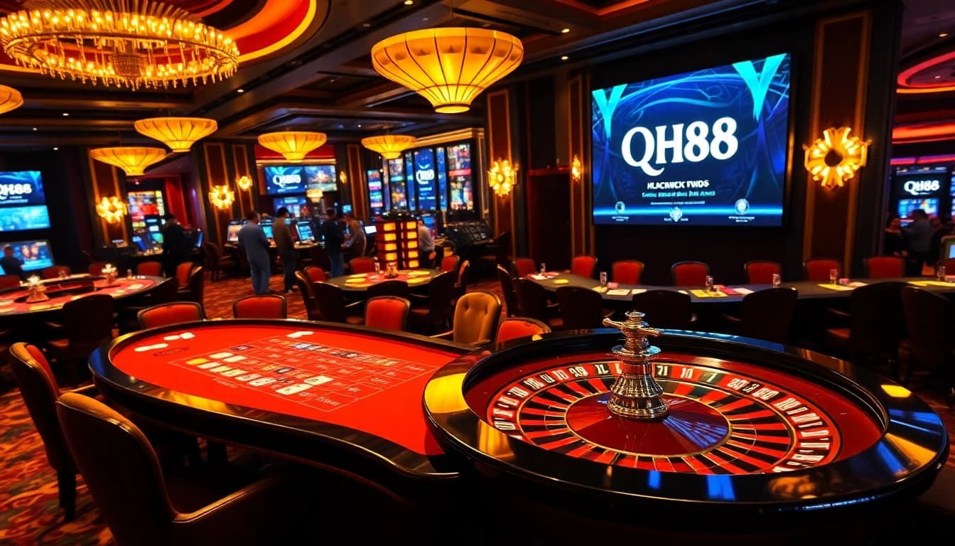 Exciting poker action at QH88 casino, featuring vibrant chips and cards.