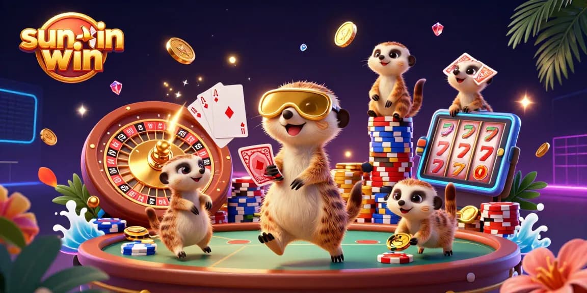 sun-win meerkats oversee a vibrant casino scene filled with gold coins, cards, and chips.