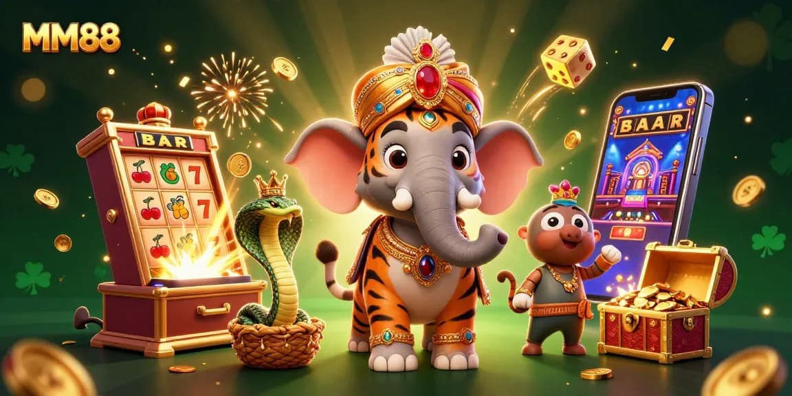Win big at MM88 with this vibrant slots illustration featuring a maharaja, elephant, and jackpot elements.