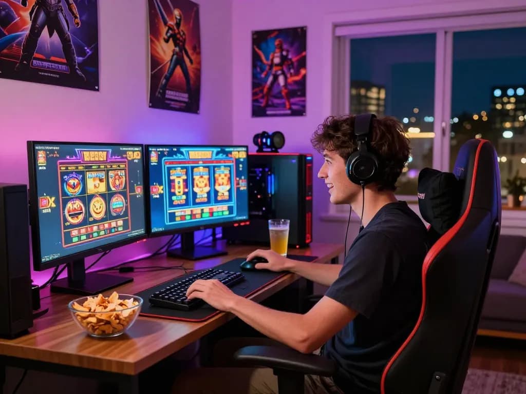 Exciting gaming scene where a player enjoys situs gacor with vivid slot games on multiple screens, cozy atmosphere with snacks and city view.