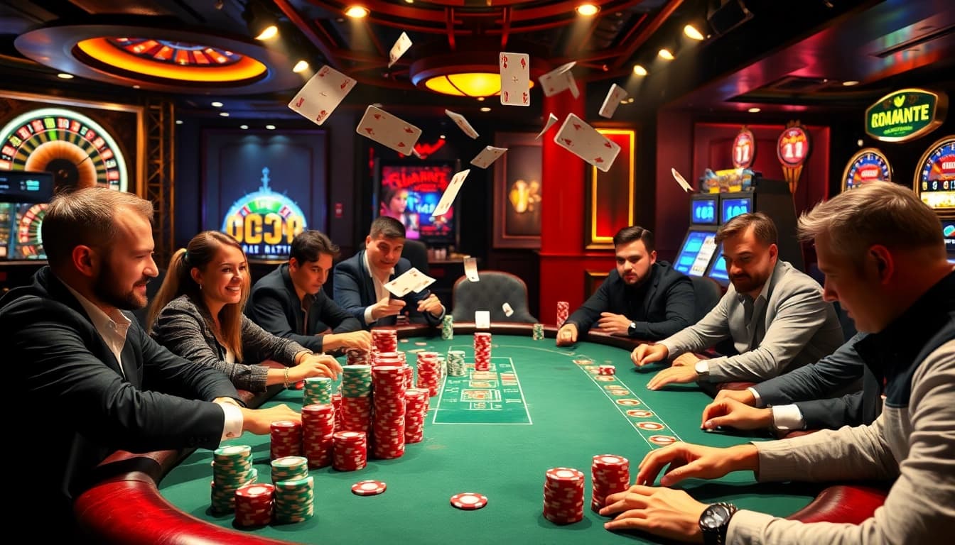 Plagiat prüfer in action at a lively casino poker table filled with excitement.