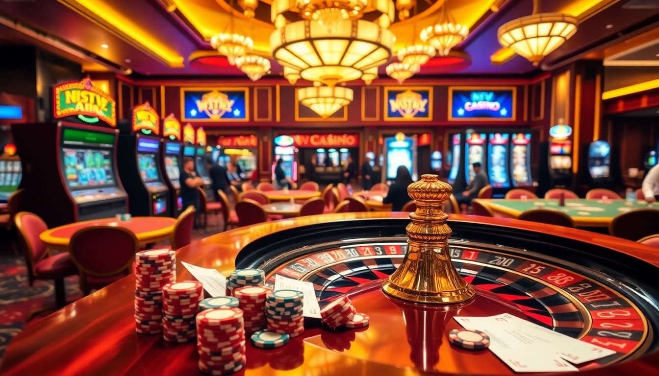 Erleben Sie die Spannung von NV Casino mit lebhaften Slots und Poker-Action in dieser luxuriösen Szene.