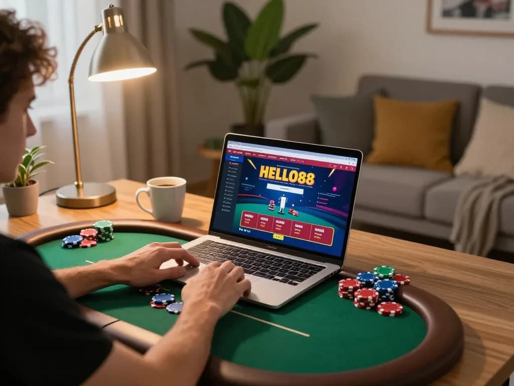Engaging gameplay at home with HELLO88 poker interface on laptop, relaxed atmosphere.