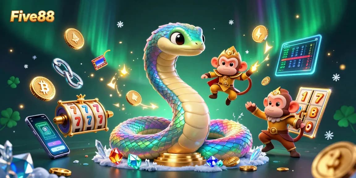 Engage with Five88 casino’s colorful 3D symbolism featuring a snake and monkey amidst glowing crypto coins.