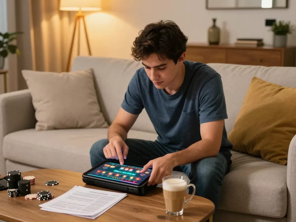 Player exploring tg88.cash on a tablet at home, showcasing online casino gaming experience with strategic focus.
