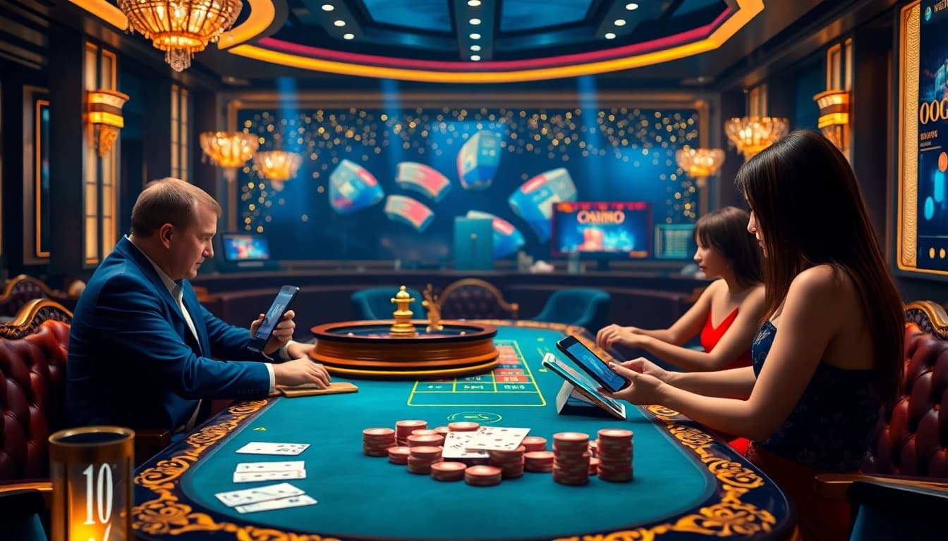 Alo789 com đăng nhập scene showcasing players accessing the online gambling platform amidst an elegant casino environment.