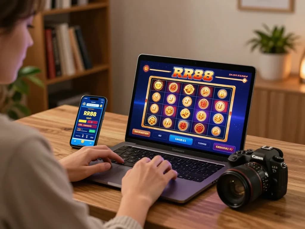 Player enjoying RR88 slots on a laptop in a cozy home environment.