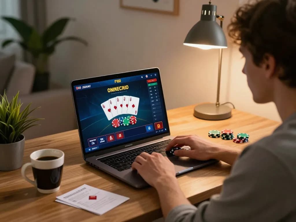 Engage in thrilling online poker at F168 with a modern home setup, showcasing focus and strategy.