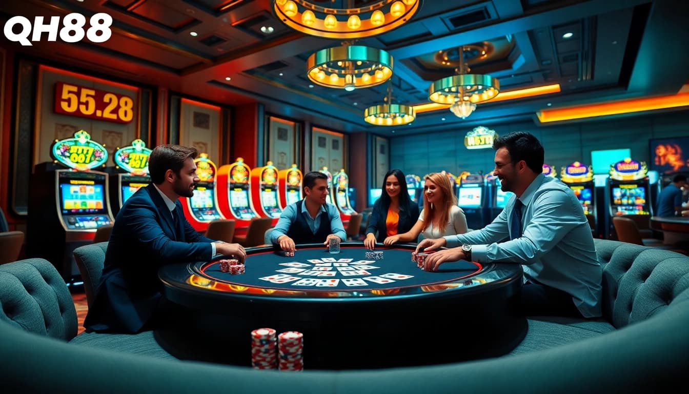 A thrilling poker game at a luxury casino, highlighting qh88's vibrant atmosphere with colorful chips and cards.