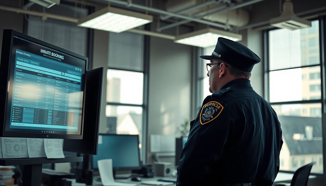 Access orange county jail inmate booking information through a detailed office scene with a police officer.