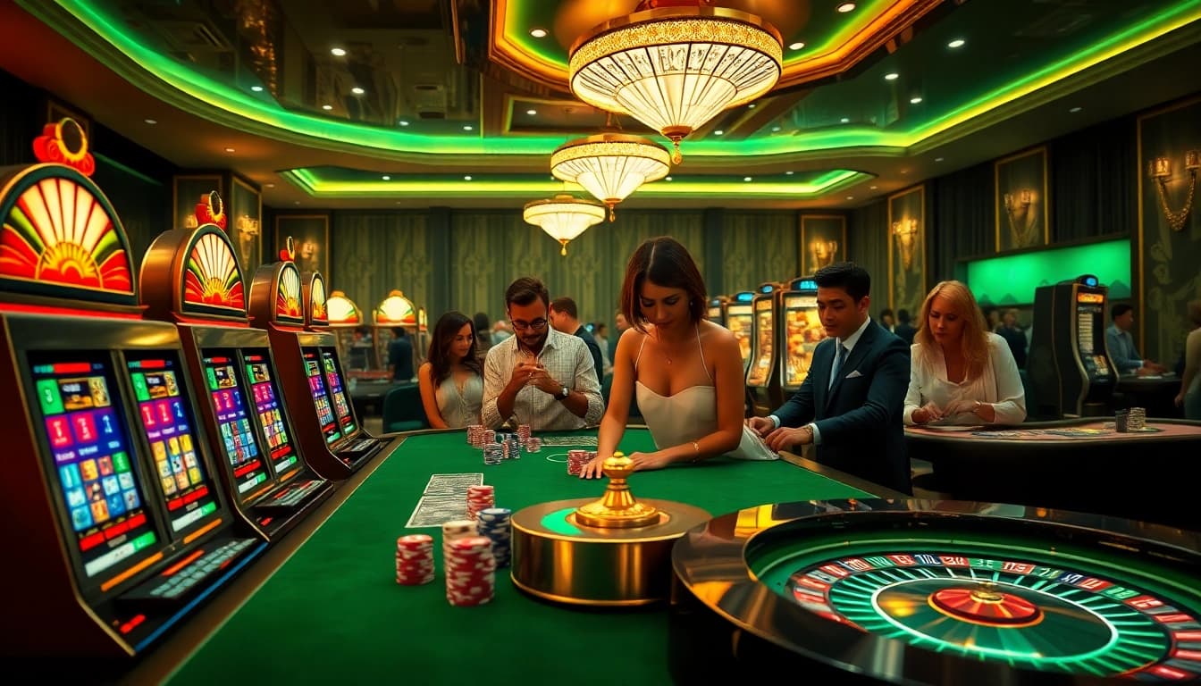 Experience the excitement of onicplay with vibrant slot machines and engaged players in a luxurious casino.