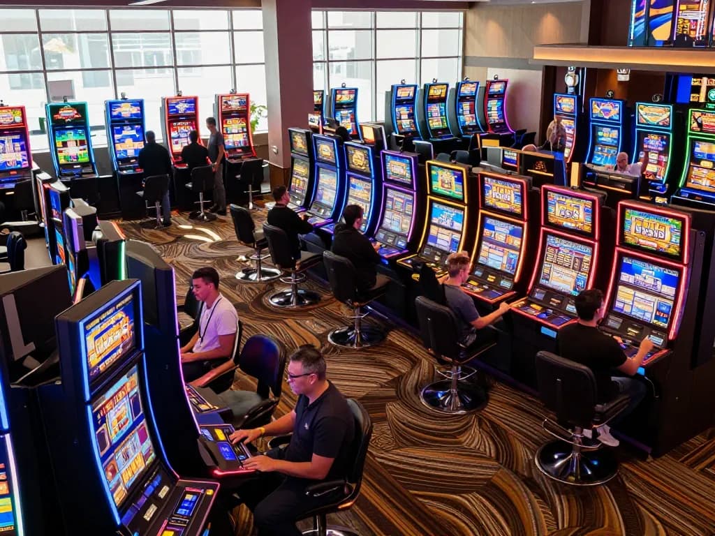 Players enjoying vibrant slot machines at F168 casino, celebrating wins with excitement