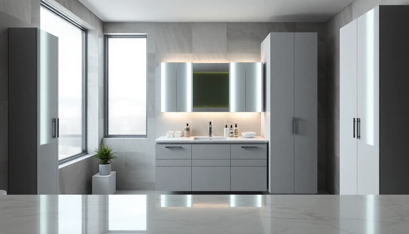 Stylish illuminated bathroom cabinets reflecting modern elegance in a bright bathroom setting.