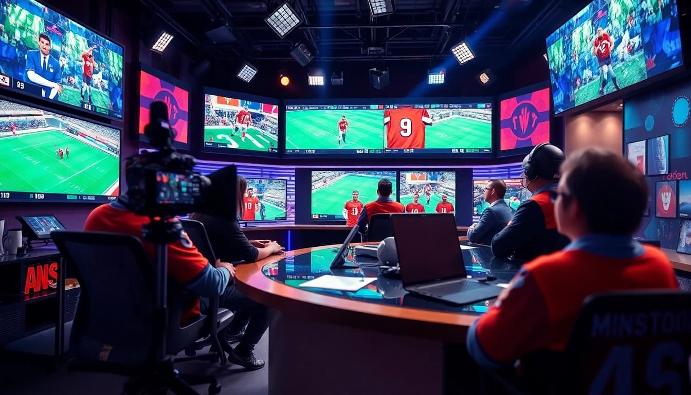 Engaging scene in sports broadcasting studio featuring vibrant graphics and enthusiastic broadcasters.
