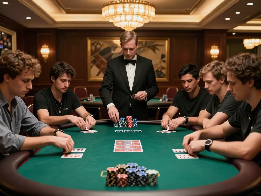 Players placing strategic bets at GG88 poker table in an upscale casino during intense gameplay.