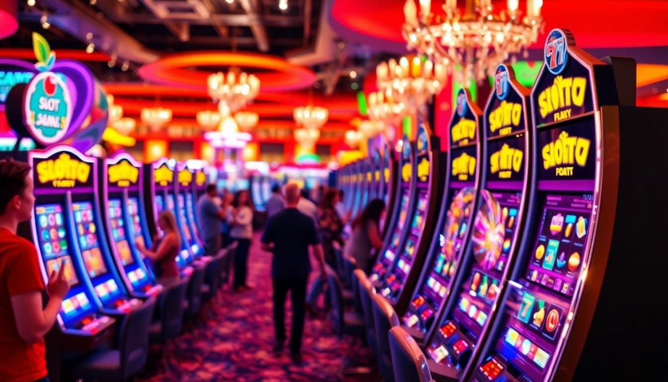 Menangkan permainan Slot77 dengan mesin slot yang berwarna-warni di kasino yang ramai.