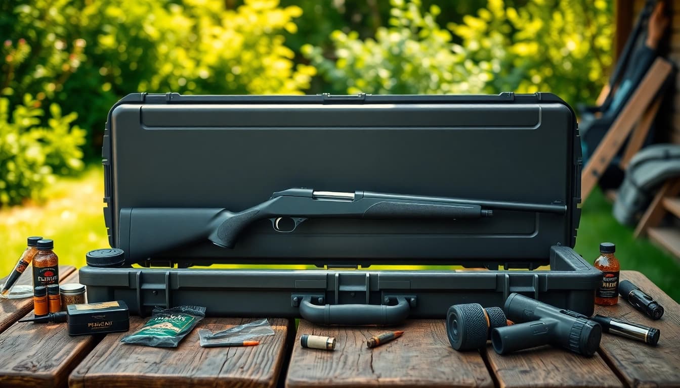 Showcase of a pelican rifle case with hunting accessories on a wooden table in natural lighting.