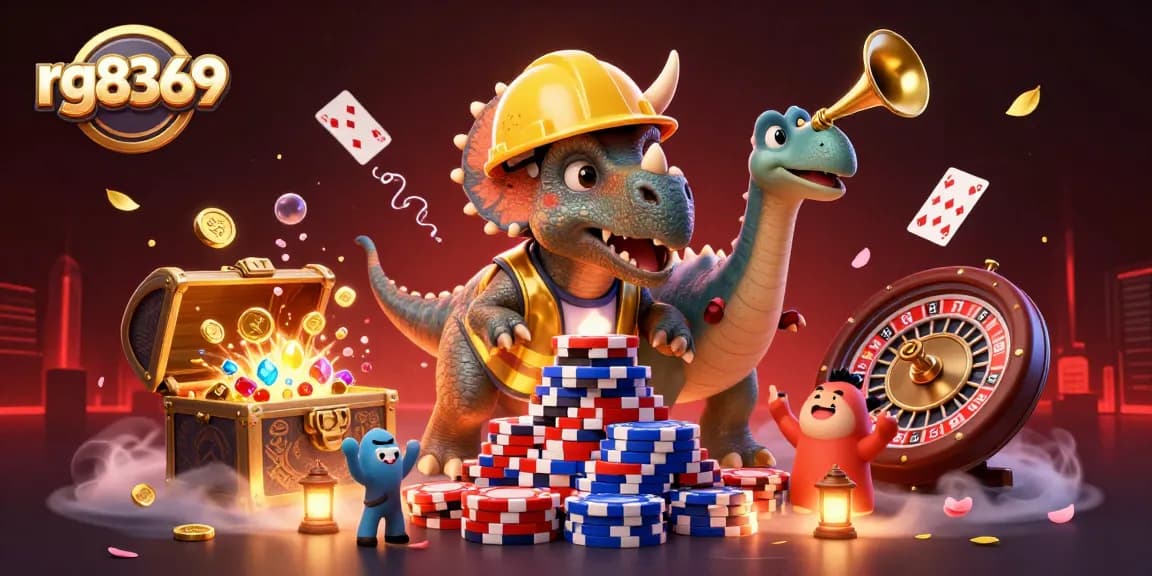 Join the excitement at rg8369 as the triceratops celebrates by stacking poker chips in a vibrant casino scene.