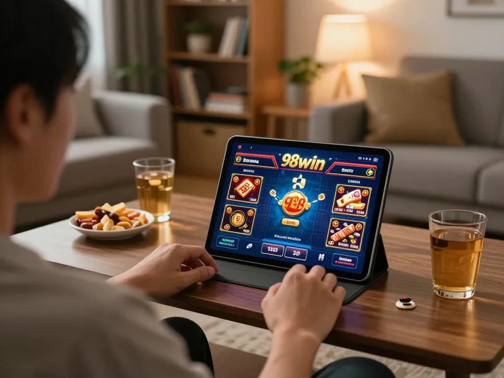 Person enjoying online gambling at home with the 98win tablet interface, emphasizing strategic gameplay