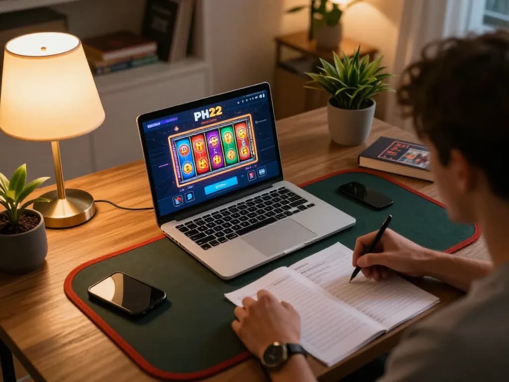 PH22 player engaged in online gaming with vibrant slot machine visuals and strategy notes.