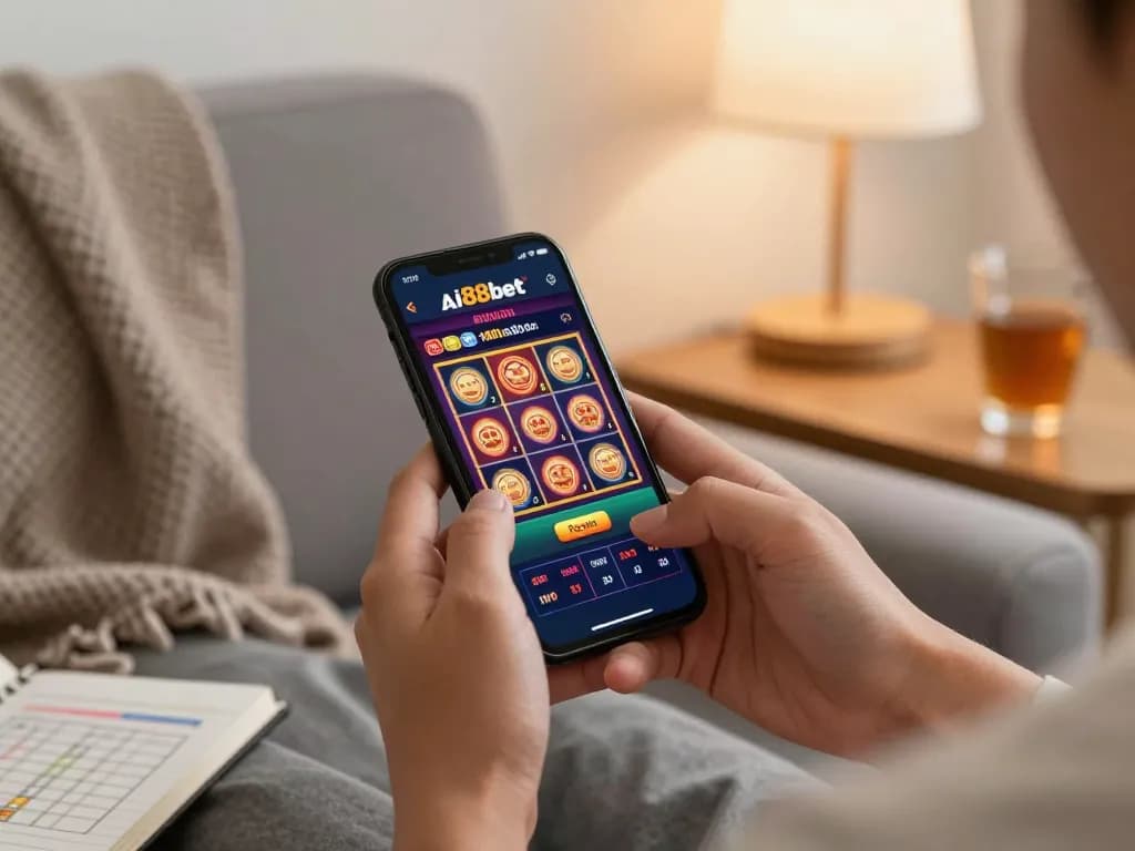 Enjoying ai88bet casino app on smartphone in cozy home setting with betting strategies.