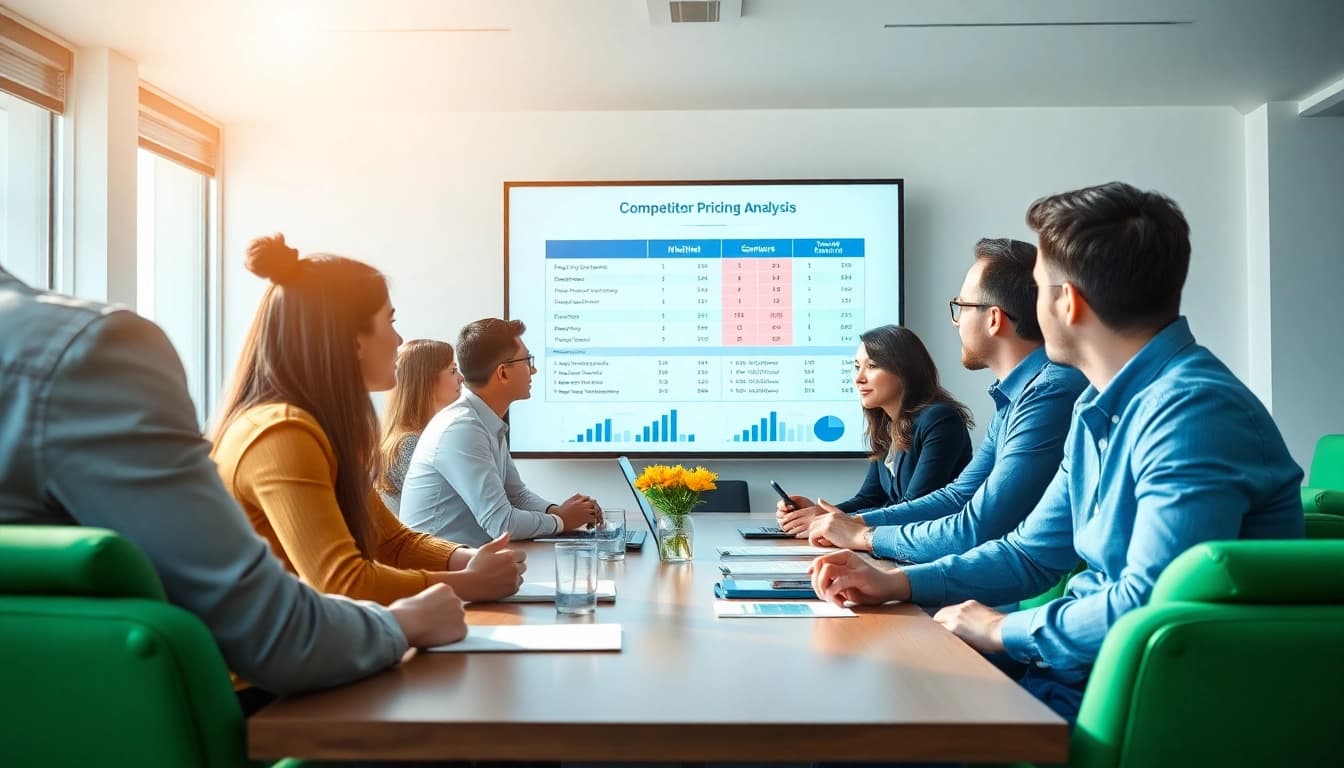 Analyze competitor pricing strategies with diverse professionals in a collaborative meeting.