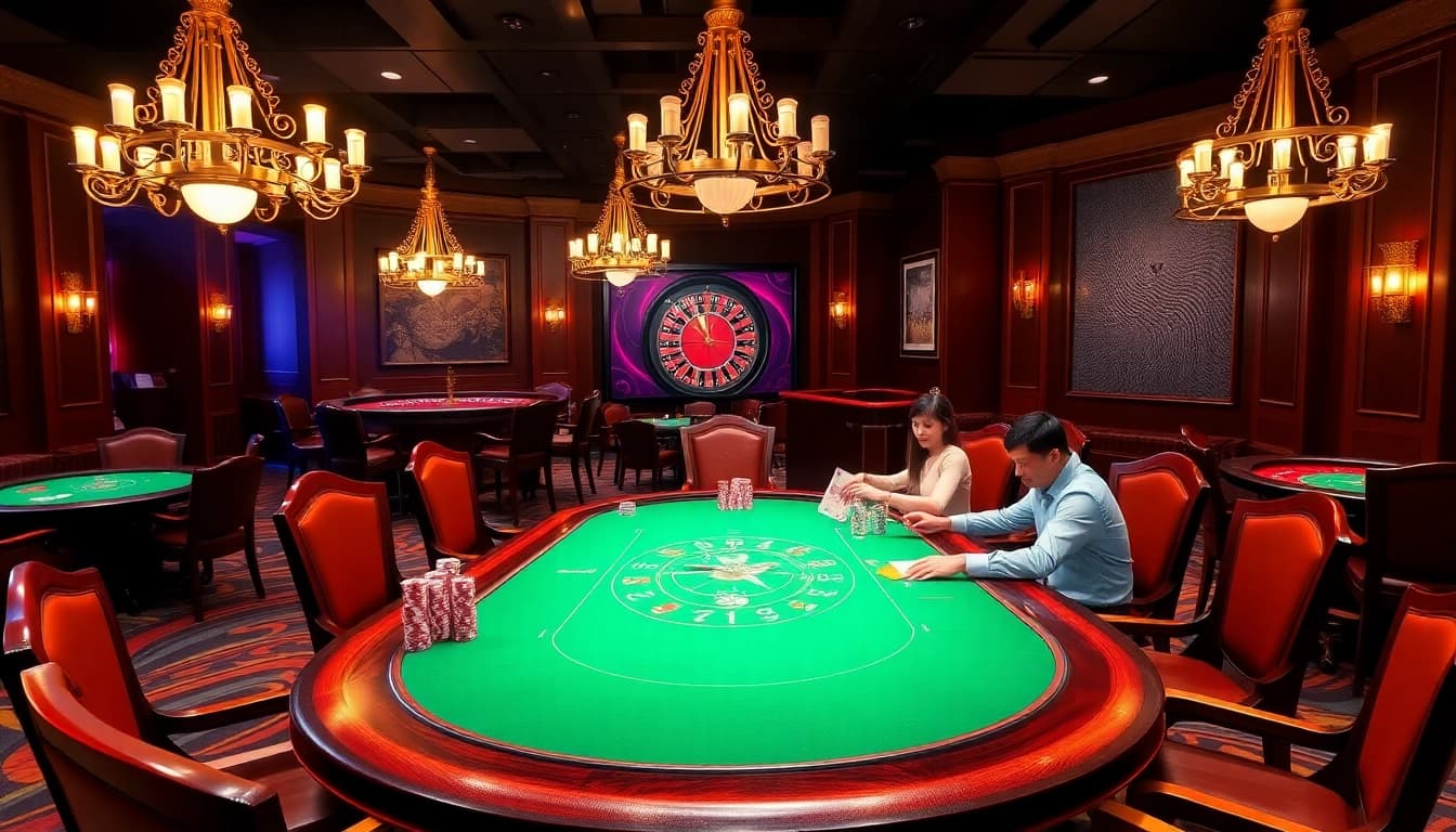Exciting U888 poker table scene with professional dealers and vibrant chips.