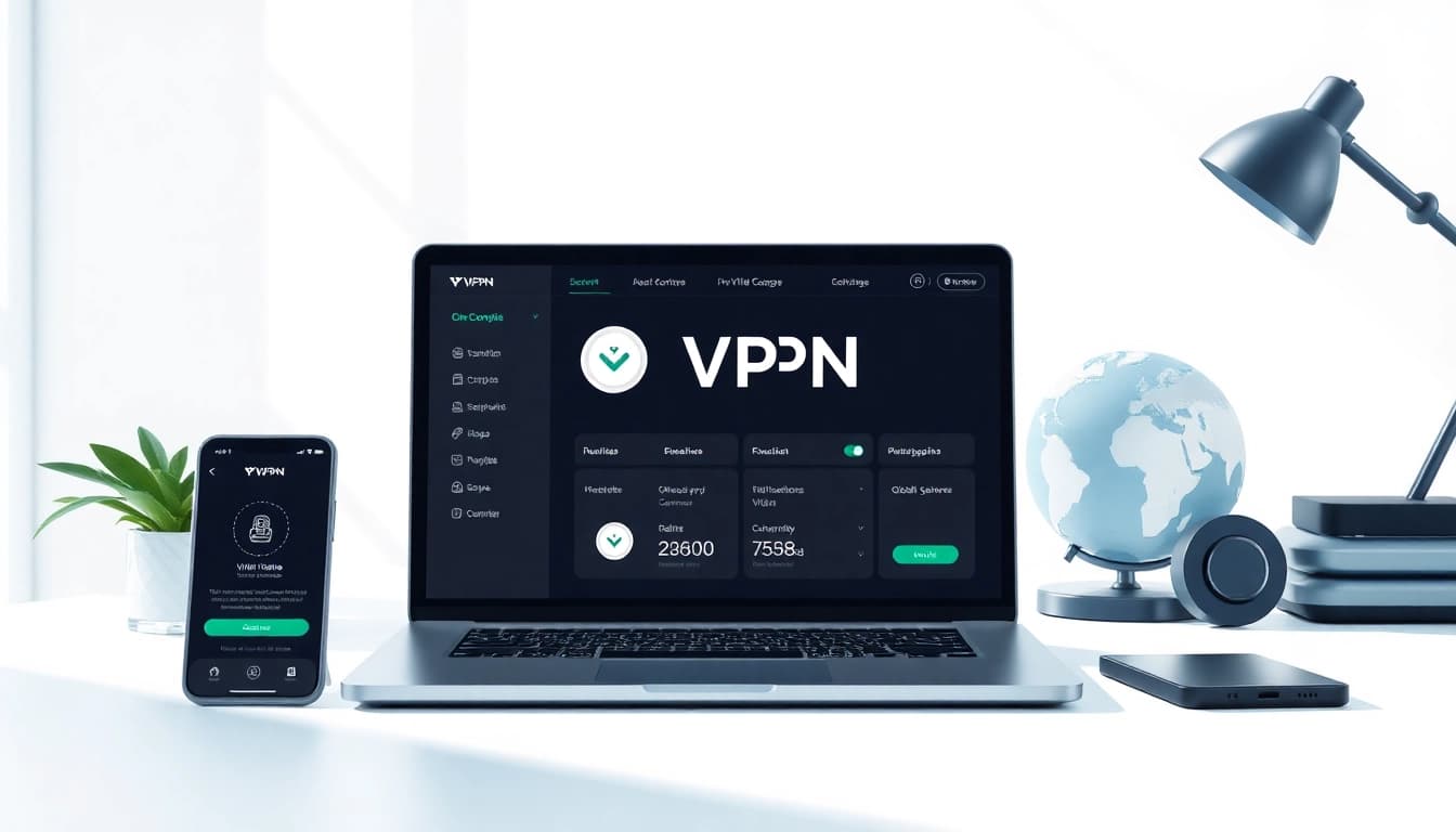 在专业工作区的现代笔记本电脑上显示的快连VPN界面，展示全球连接性与安全功能。