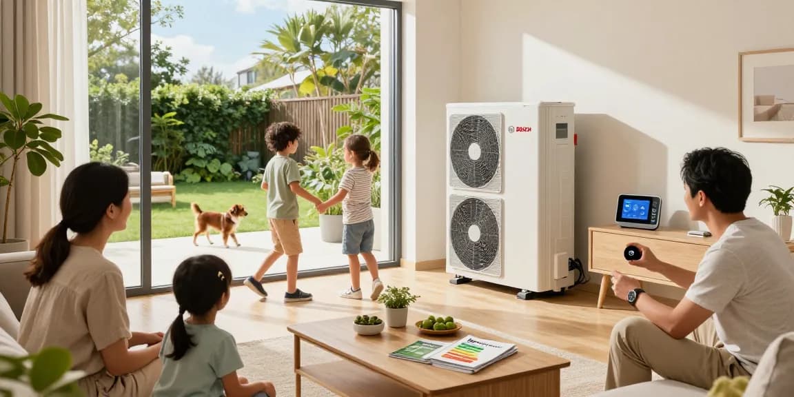 family enjoying comfort and energy savings with a wärmepumpe bosch in a sunny living room