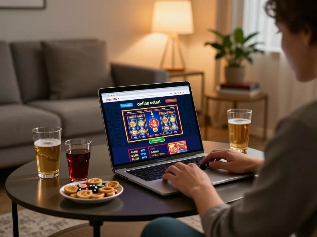 Engaging with casino online esteri on a laptop in a cozy home setting, showcasing responsible gaming.