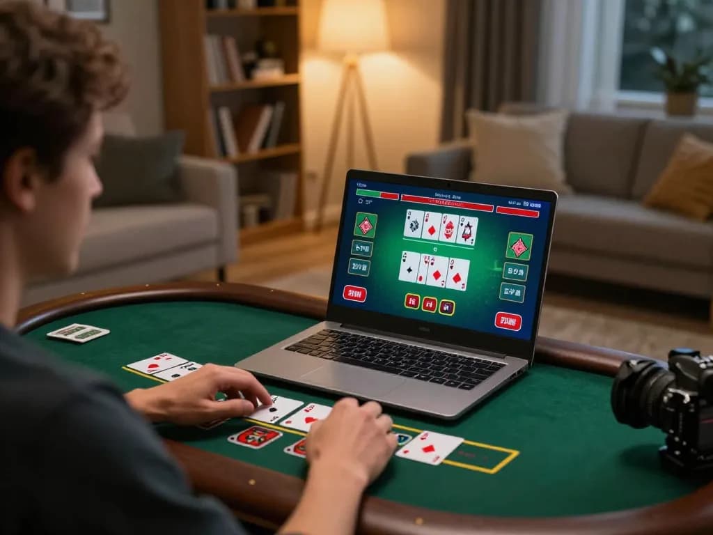 Player engaging in live dealer blackjack on TV88 in a cozy home setting, showcasing online gaming strategy.