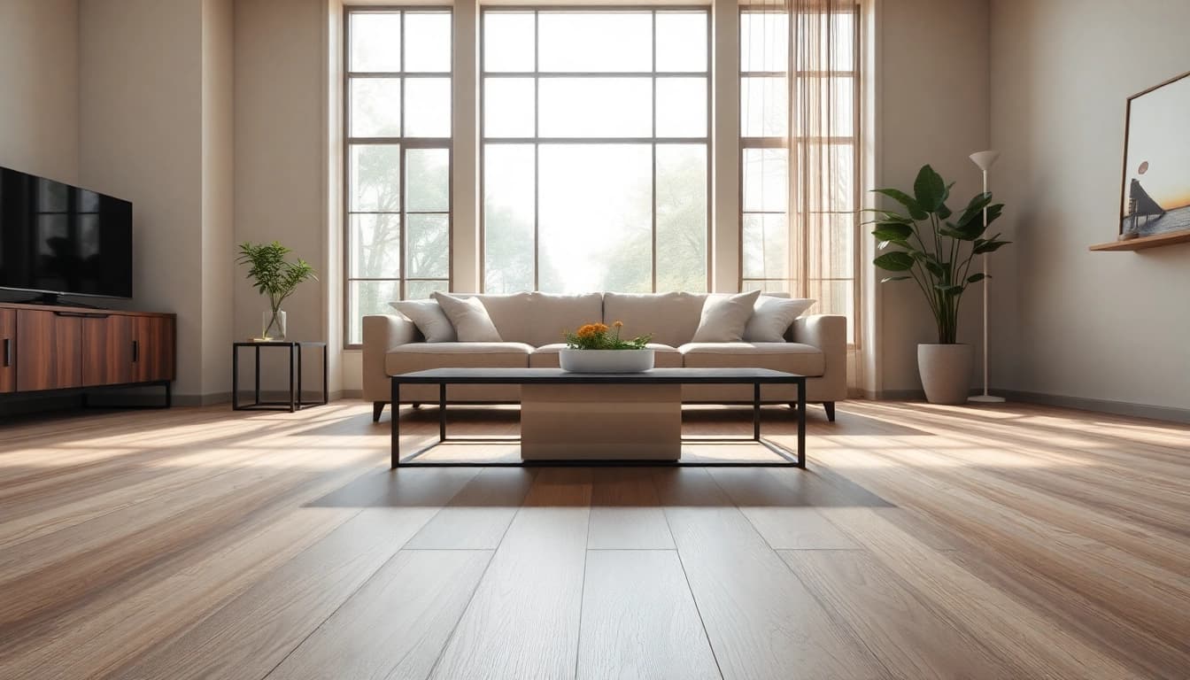 Bright living room with luxury vinyl flooring near me showcasing style and warmth.