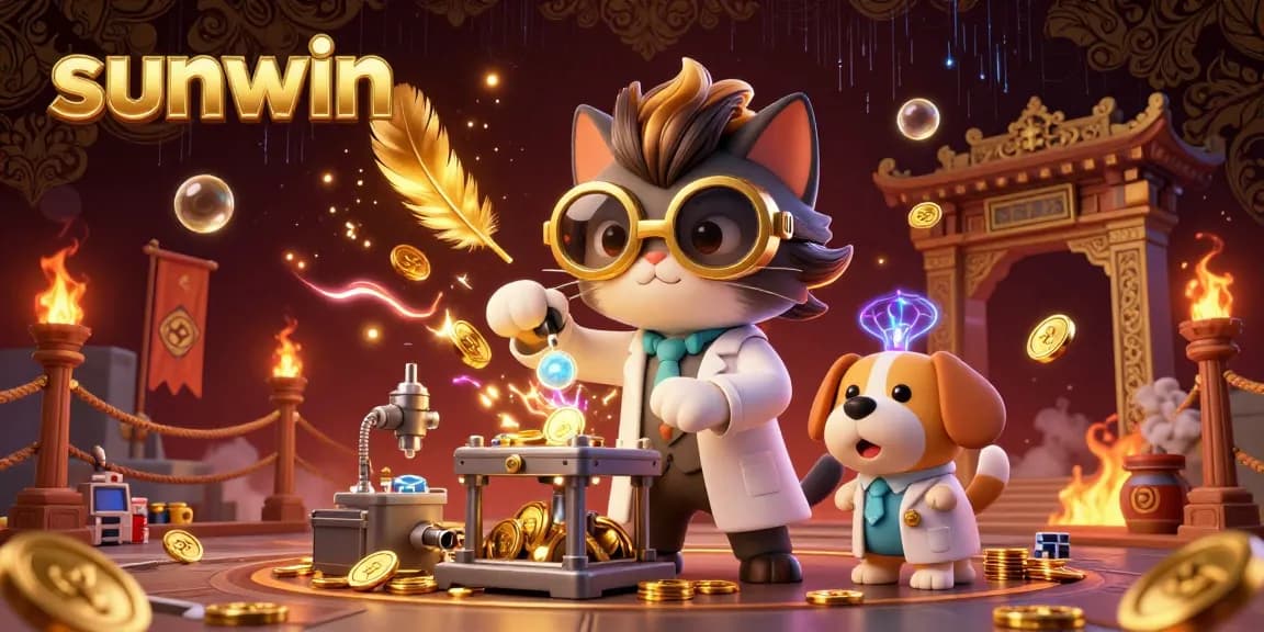 Experience the thrill of sunwin with a vibrant 3D casino illustration featuring dynamic characters and gambling elements.