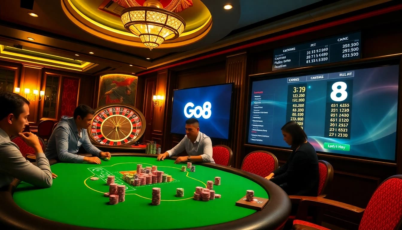 Experience the thrill of online betting at Go8 with a vibrant casino scene featuring poker, roulette, and luxury.