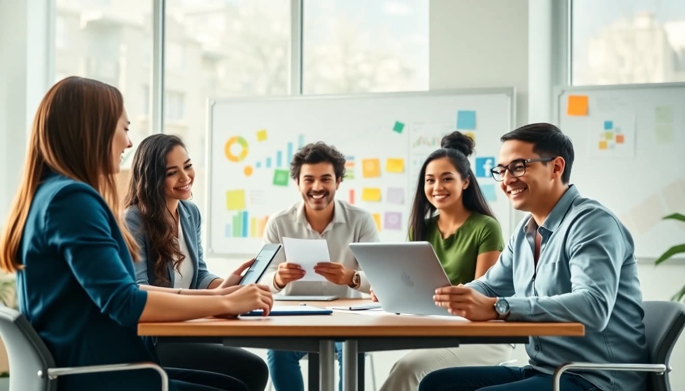 Craft unique hubspot marketing email templates with a diverse team in a bright office.